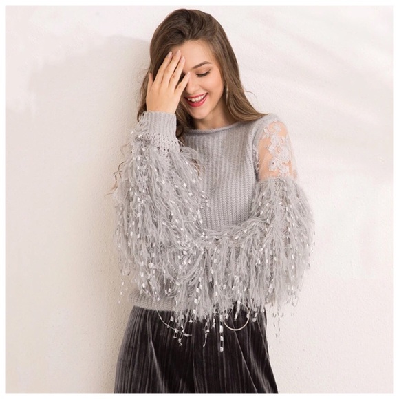 Sweaters | Gray Feather Fringe Sleeve 